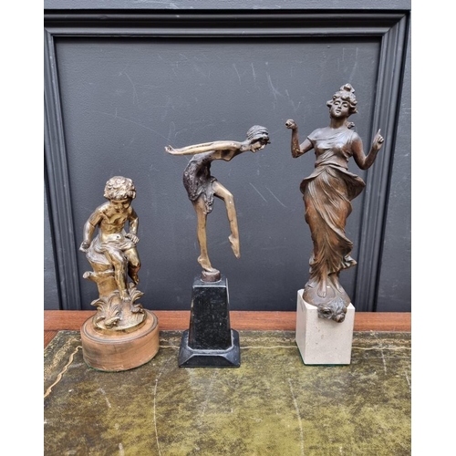 1400 - After Moreau, a gilt metal figure, on wood socle, 23cm high; together with an Art Deco style bronze ... 