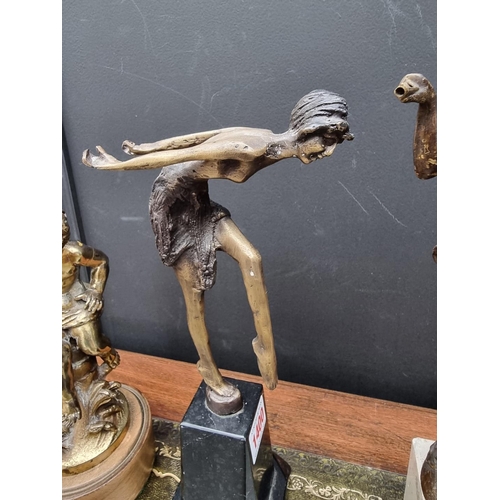 1400 - After Moreau, a gilt metal figure, on wood socle, 23cm high; together with an Art Deco style bronze ... 