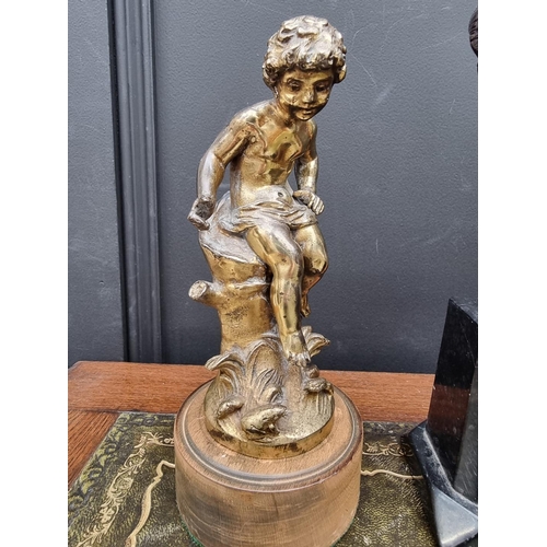 1400 - After Moreau, a gilt metal figure, on wood socle, 23cm high; together with an Art Deco style bronze ... 