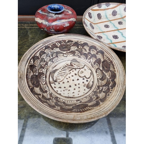 1405 - An antique slipware bowl, 29.5cm diameter; together with small quantity of studio pottery. (5)... 