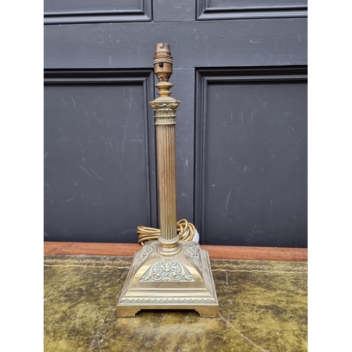 1407 - An old brass Corinthian column table lamp, total height 43cm.