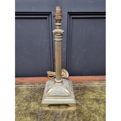 1407 - An old brass Corinthian column table lamp, total height 43cm.