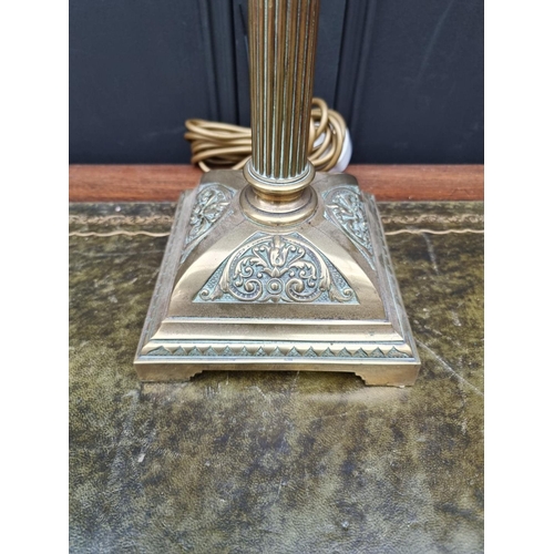 1407 - An old brass Corinthian column table lamp, total height 43cm.