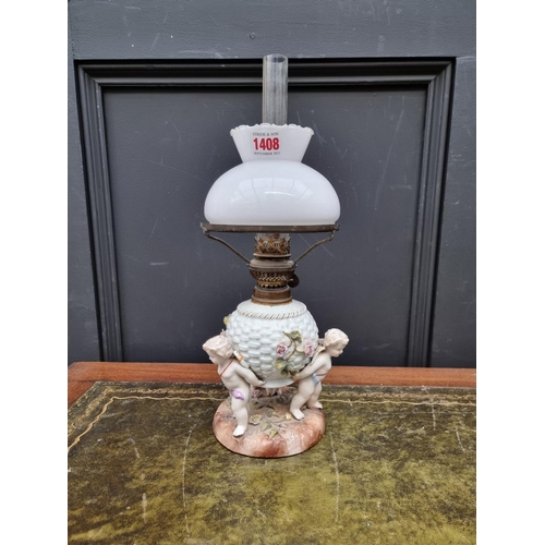 1408 - A Sitzendorf porcelain oil lamp, height including chimney 38cm, (shade possibly associated).... 