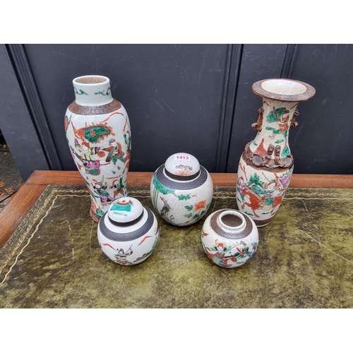 1413 - A group of Chinese famille rose crackle glaze vases and jars, largest 30cm high. (5)... 