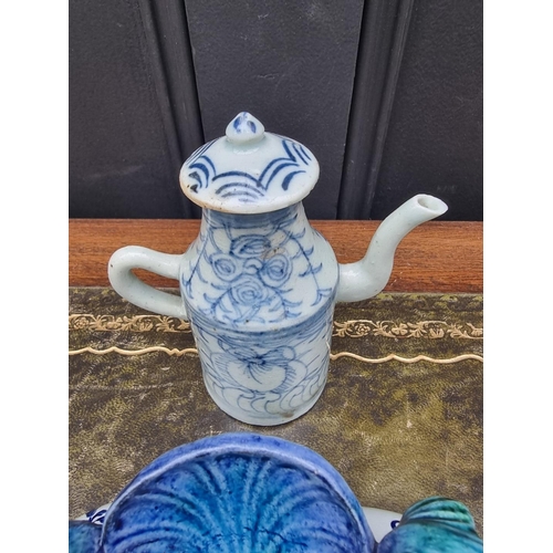 1433 - A Gien faience desk stand, 21cm wide; together with a small antique Chinese blue and white wine pot ... 