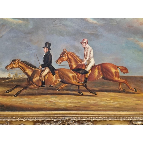 1453 - British School, 20th century, two race horses, oil on canvas, 60 x 90cm.