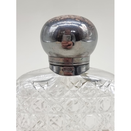 1461 - An antique electroplate mounted cut glass hip flask, by James Dixon & Sons, 14cm high.... 