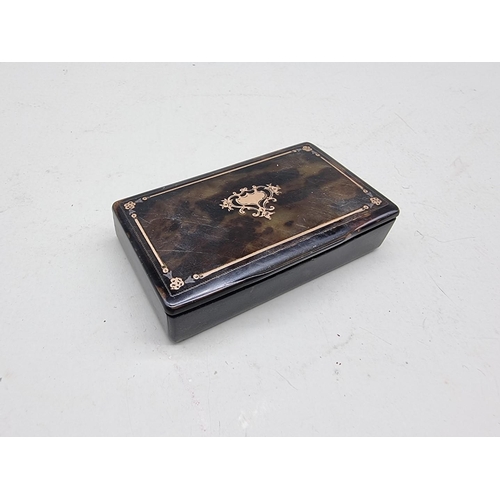 1480 - An antique tortoiseshell and gold pique snuff box, 8cm wide.