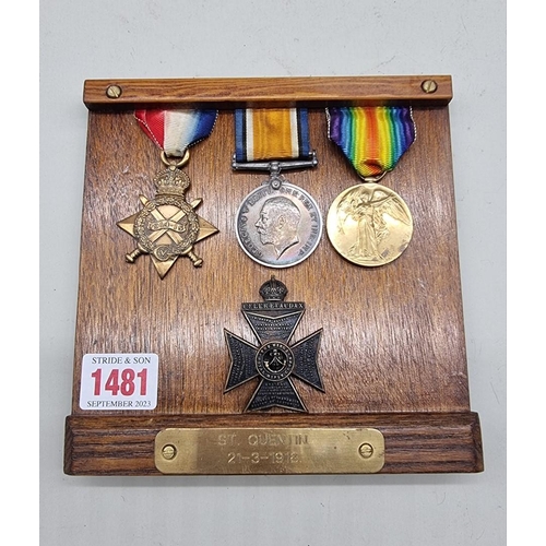 1481 - Medals: a World War I trio, to 2939 Pte P. Holland, K.R. RIF. C., on oak mount with related cap badg... 