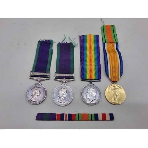 1482 - Medals: a World War I pair, to 63208 Cpl J. R. James, Welsh R.; together with an Elizabeth II Genera... 