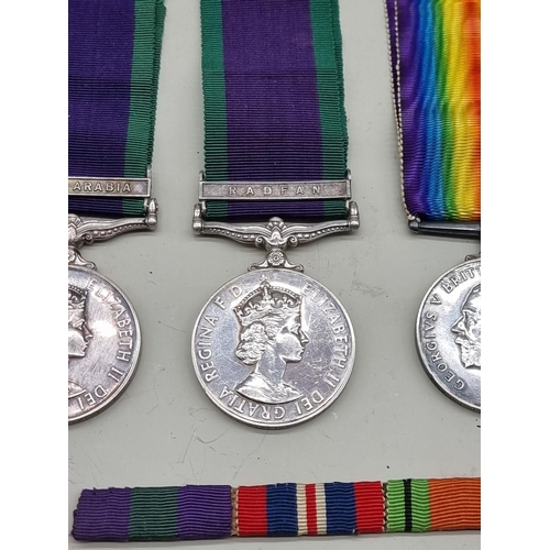 1482 - Medals: a World War I pair, to 63208 Cpl J. R. James, Welsh R.; together with an Elizabeth II Genera... 