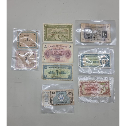 1484 - Banknotes: a collection of World War II Allied and British Armed Forces notes. (9)... 