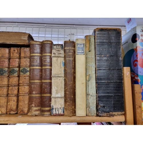 617 - MISCELLANEOUS ANTIQUARIAN: a quantity over 3 shelves, various sizes and condition, to include s... 