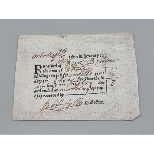 751 - HEARTH TAX RECEIPT: rare printed Hearth Tax receipt with manuscript entries, dated October 30th 1672... 