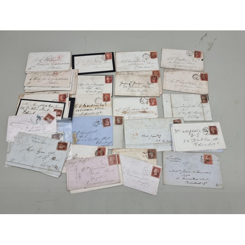 918 - POSTAL FRONTS: group of 41 fronts and 3 entire letters, all bearing penny reds and early cancellatio... 