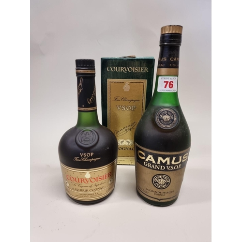 76 - Two bottles of VSOP Cognac, comprising: a 68cl Courvoisier, in card box; and a 24 fl.oz Camus. (2)... 