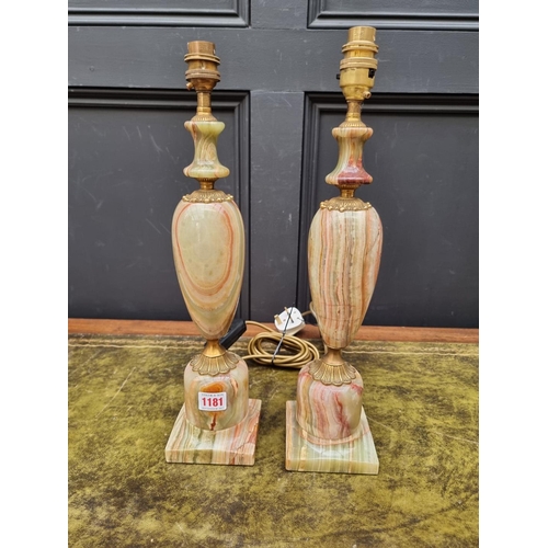 1181 - A pair of onyx and brass table lamps, total height 43.5cm. 