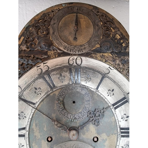 1184 - A 18th century 12in brass arched longcase clock dial and movement, inscribed 'Steph Ganeron, London'... 