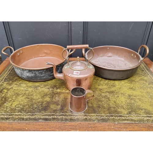 1185 - Two Victorian copper preserving pans, largest 50cm diameter; and two others. (4)