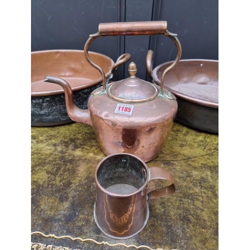 1185 - Two Victorian copper preserving pans, largest 50cm diameter; and two others. (4)