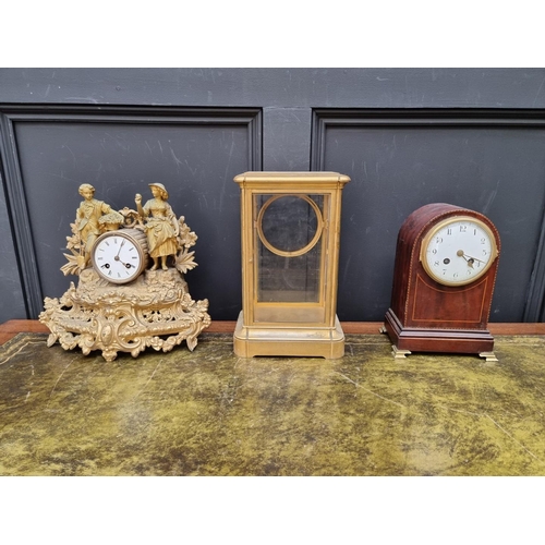 1188 - A late Victorian gilt spelter mantel clock; together with a late Victorian mahogany and chequer stru... 