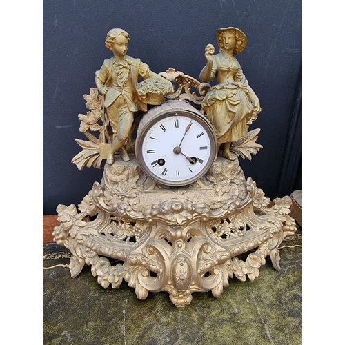 1188 - A late Victorian gilt spelter mantel clock; together with a late Victorian mahogany and chequer stru... 