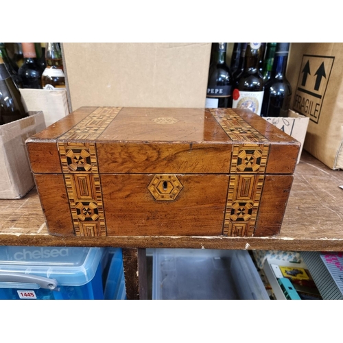 1446 - Two Victorian walnut and parquetry writing slopes, largest 35cm wide; together with a Japanese ... 