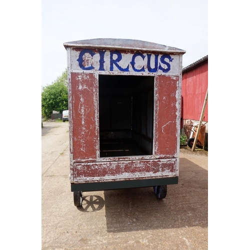 1548A - An early 20th century aluminium circus wagon, on four wheel base, 300cm long x 137.5cm wide x 2... 