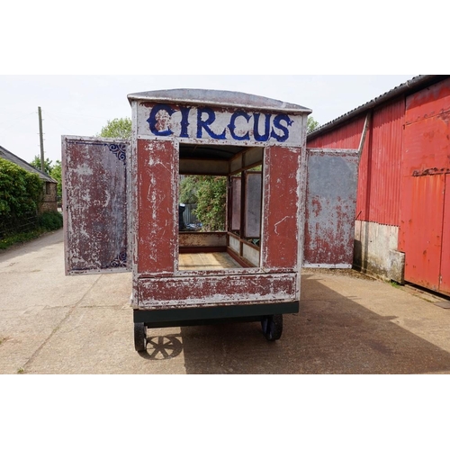 1548A - An early 20th century aluminium circus wagon, on four wheel base, 300cm long x 137.5cm wide x 2... 