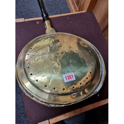 1357 - Of Ballooning Interest: an unusual Georgian brass warming pan, dated 1786.