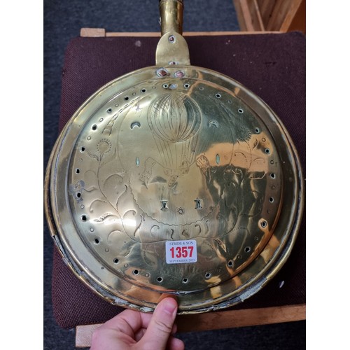 1357 - Of Ballooning Interest: an unusual Georgian brass warming pan, dated 1786.