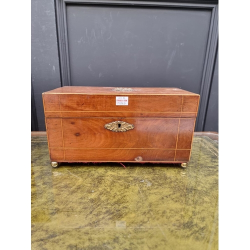 1045 - A Victorian walnut and ebony strung work box, 34cm wide; together with a Regency mahogany and line i... 