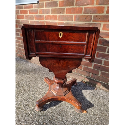 1060 - A Victorian figured mahogany pedestal work table, with ivory escutcheon 45.5cm wide. DEFRA Ivory Act... 