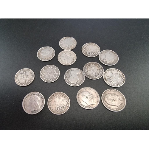 124 - Coins: fourteen silver 3d coins, Victoria to Edward VII.