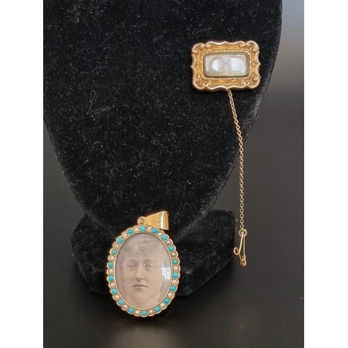 489 - A turquoise and pearl set oval pendant, stamped 9ct to frame, 33mm; together with a 19th century yel... 