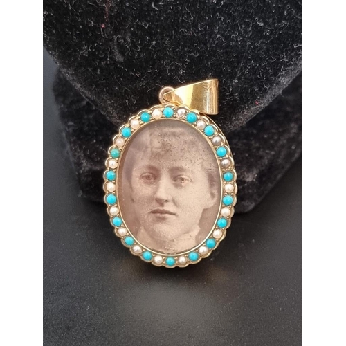 489 - A turquoise and pearl set oval pendant, stamped 9ct to frame, 33mm; together with a 19th century yel... 