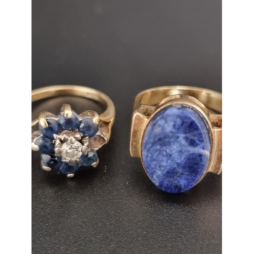 504 - Two yellow metal rings, set lapis lazuli and Sapphires and diamonds, each stamped 750; together with... 