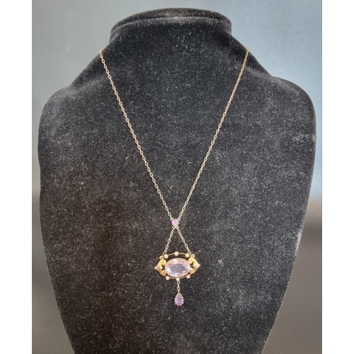 515 - An Art Nouveau 'Rose de France' amethyst and pearl pendant necklace, stamped 9ct, the chain 40cm lon... 