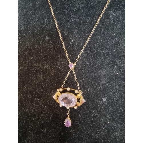 515 - An Art Nouveau 'Rose de France' amethyst and pearl pendant necklace, stamped 9ct, the chain 40cm lon... 