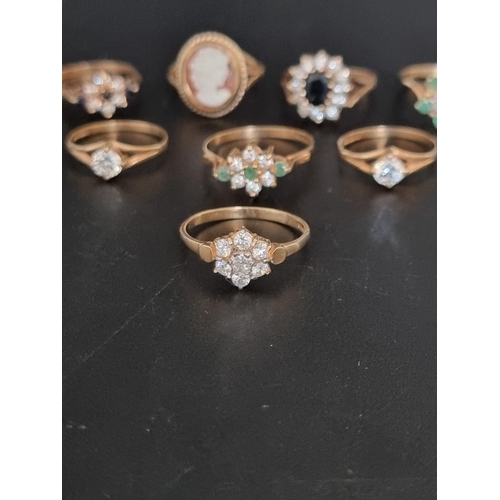 537 - Eight various 9ct gold rings, most set synthetic gems, 13.5g gross weight.