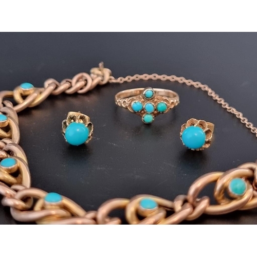 548 - A yellow metal bracelet, set turquoise, stamped 9c; together with a yellow metal ring set turquoise;... 