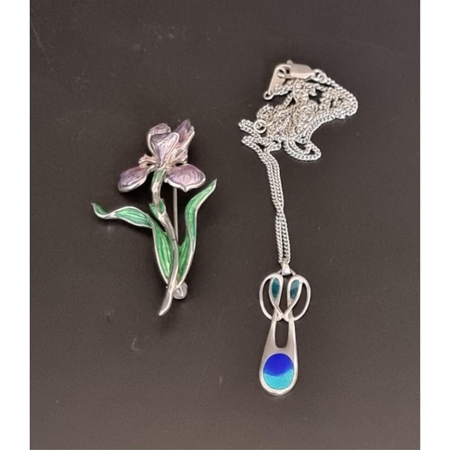 564 - An Art Nouveau style silver and enamel Iris brooch, 53mm; together with an Art Deco style pendant an... 