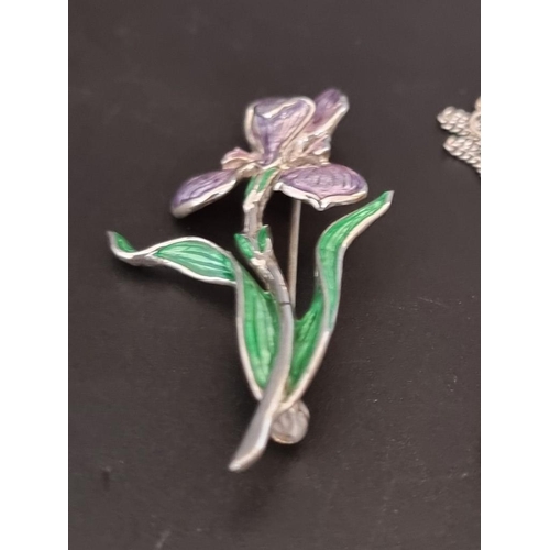 564 - An Art Nouveau style silver and enamel Iris brooch, 53mm; together with an Art Deco style pendant an... 