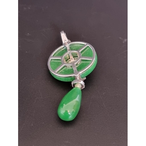 566 - A Chinese white metal, jadeite and diamond pendant, stamped 925, 6cm high.