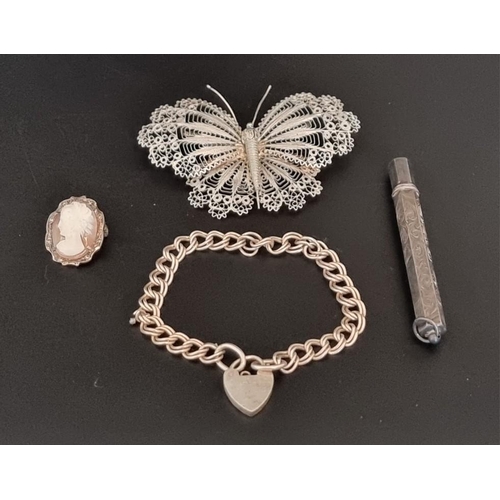 587 - A filigree butterfly brooch; together with a silver pencil holder; a silver bracelet; and a cameo br... 