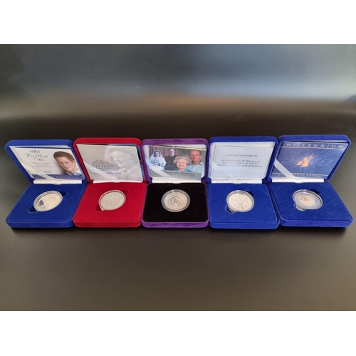 84 - Coins: five Royal Mint silver proof crowns; to include a Prince Harry 21st Birthday example and a 20... 