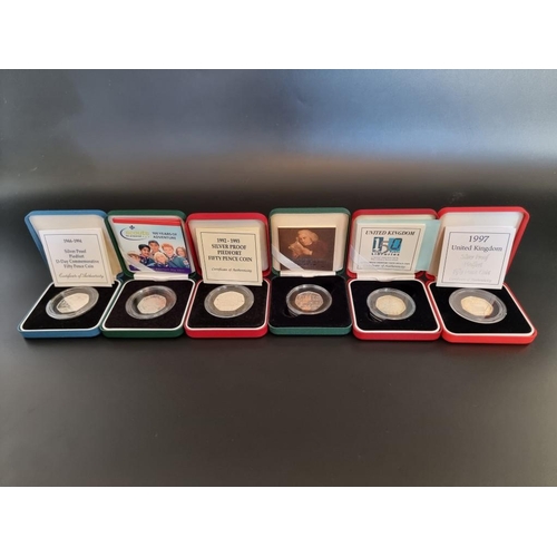 94 - Coins: six Royal Mint silver proof Piedfort 50p coins; to include '150th Anniversary of Public Libra... 