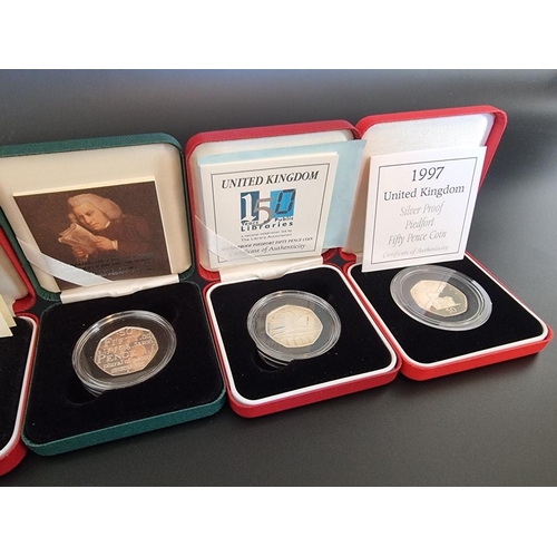 94 - Coins: six Royal Mint silver proof Piedfort 50p coins; to include '150th Anniversary of Public Libra... 