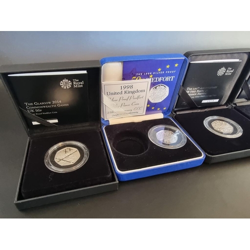 96 - Coins: six Royal Mint silver proof Piedfort 50p coins; to include 'Glasgow 2014 Commonwealth Games' ... 